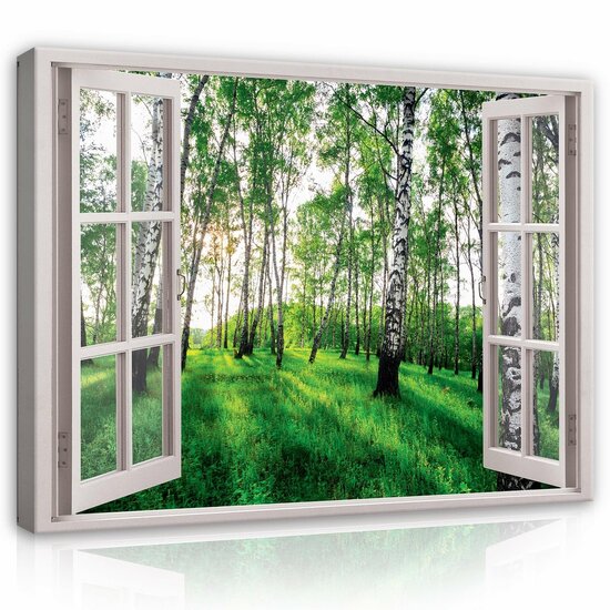 3D Effect Window Birch Forest View Canvas Schilderij PP14248O1