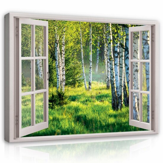 3D Effect Window View Birch Forest Canvas Schilderij PP14244O1